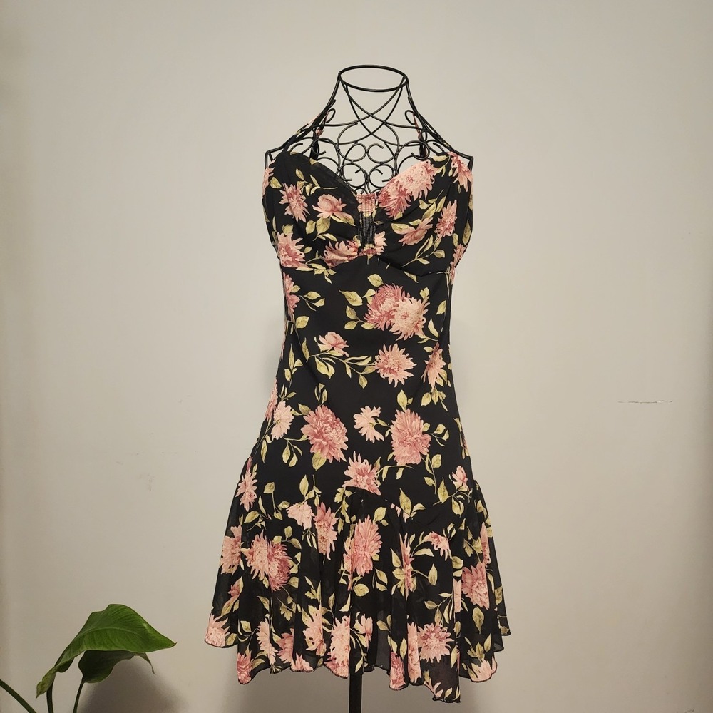 Forever 21 Floral Smocked Bust Ruffle Hem Mini Dress Black Pink Size Medium